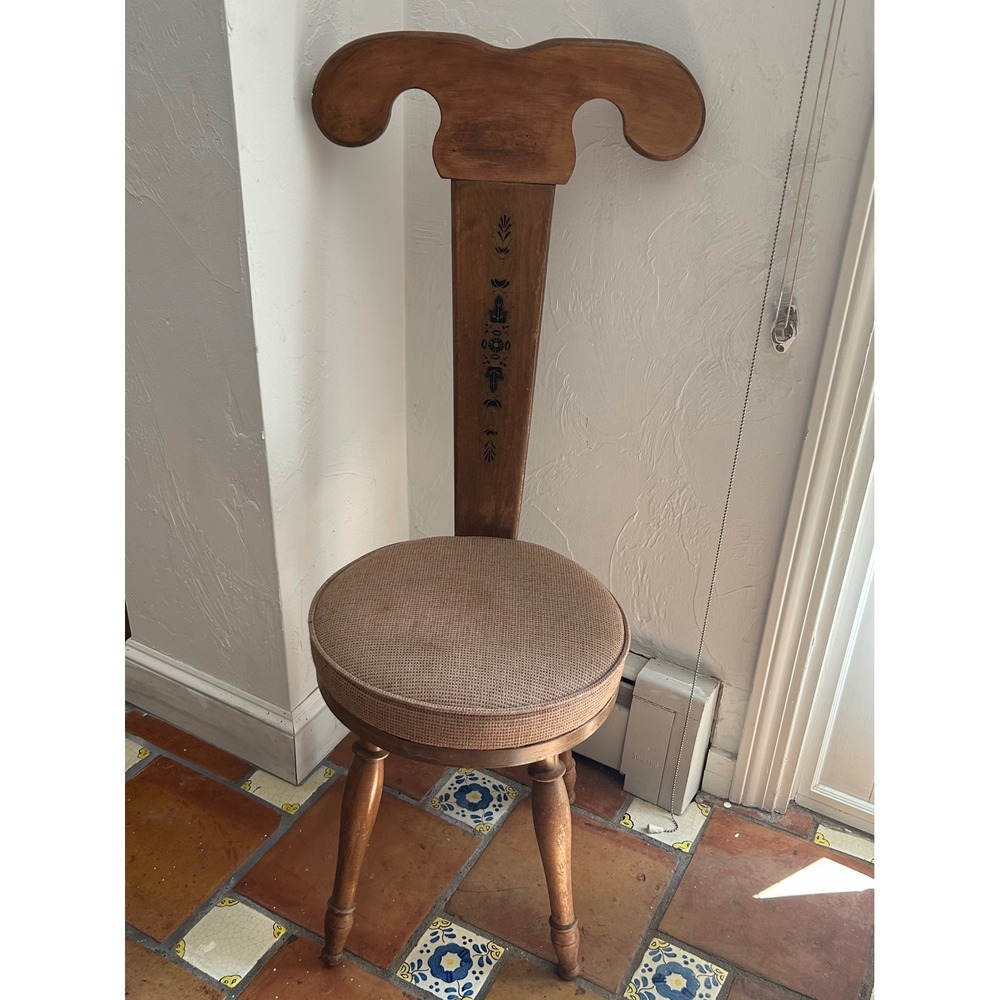Vintage Fontaine Brothers Inc T-Back Vanity Chair Wood Stenciled Accent Stool